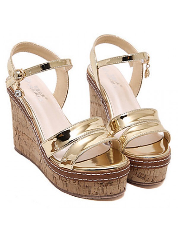 Women's Shoes PU Summer Wedges / Open Toe Sandals Dress / Casual Wedge Heel Sequin Silver / Gold