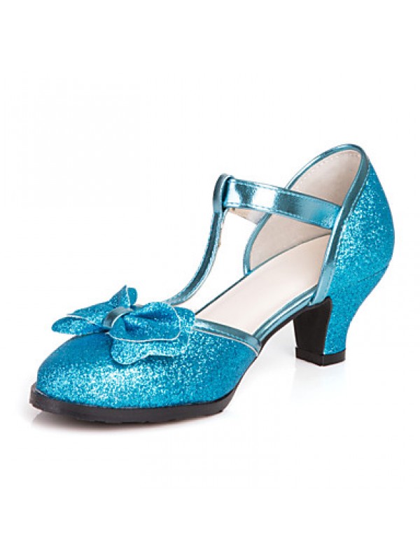 Girl's Heels Spring / Summer Round Toe Leatherette Dress / Casual Chunky Heel Bowknot Blue / Pink / Silver  