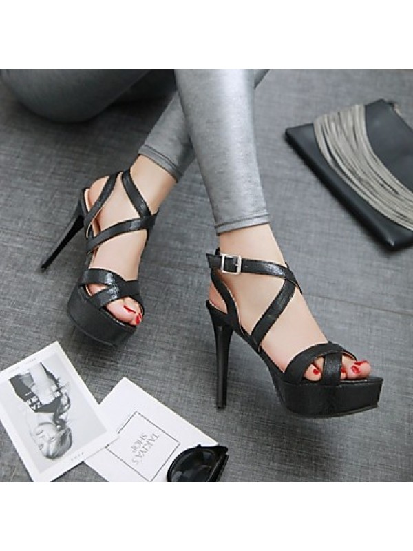 Women's Spring / Summer / Fall Peep Toe Leatherette Outdoor / Dress / Casual Stiletto Heel Buckle Black / Silver / Gold