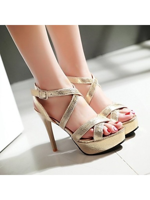 Women's Spring / Summer / Fall Peep Toe Leatherette Outdoor / Dress / Casual Stiletto Heel Buckle Black / Silver / Gold