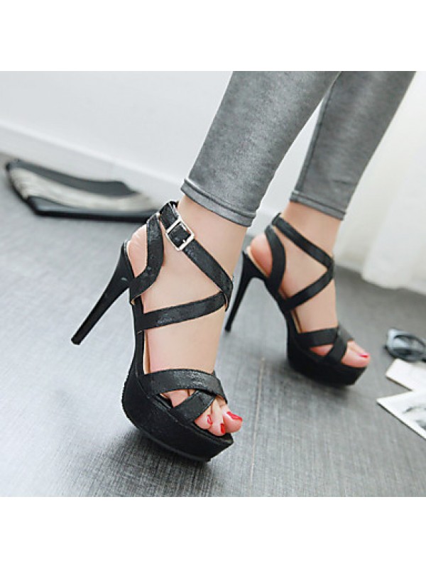 Women's Spring / Summer / Fall Peep Toe Leatherette Outdoor / Dress / Casual Stiletto Heel Buckle Black / Silver / Gold
