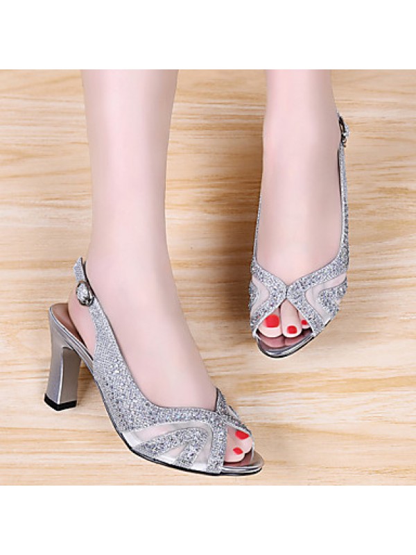 Women's Shoes Suede Chunky Heel Peep Toe / Comfort Sandals Office & Career / Party & Evening / Casual Silver / Gold